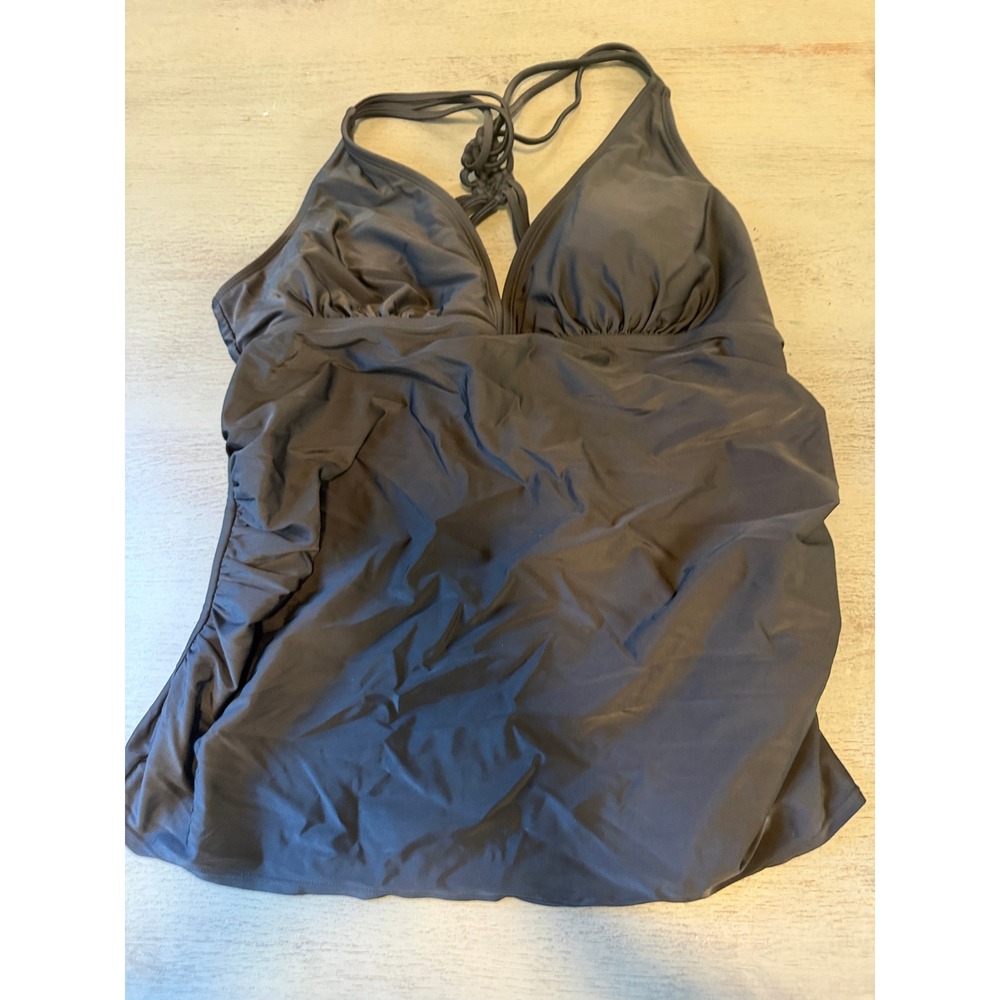 Liz Lange Maternity Tankini Swim Top Black Halter Ruched Side Braided Strap L